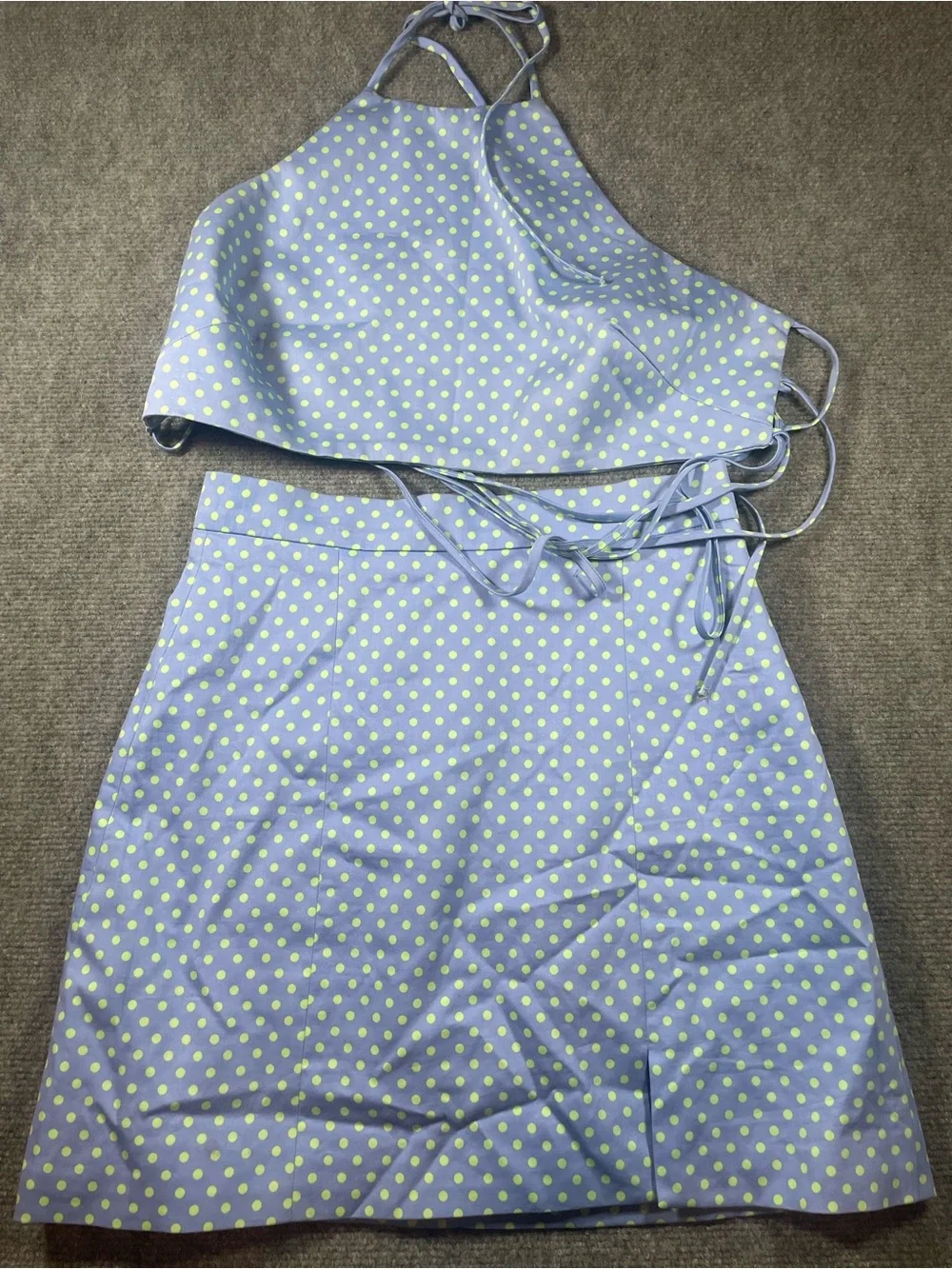 Zara Light Blue Halter Top & Skirt Set with Green Polka Dots